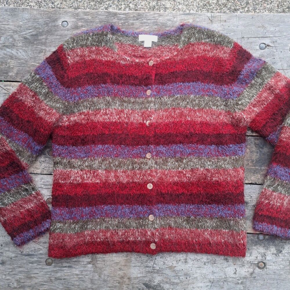 Christopher & Banks Striped Fuzzy Cardigan Sweater Womens Large Mohair Blend Red